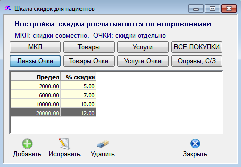 Настройка шкалы скидок