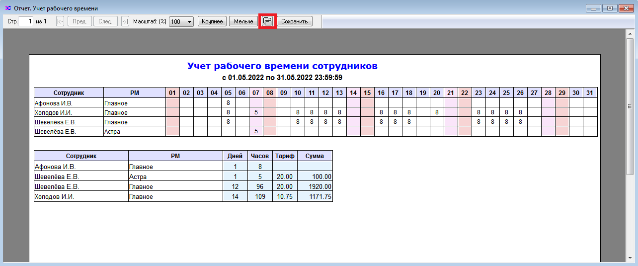 Окно отчета
